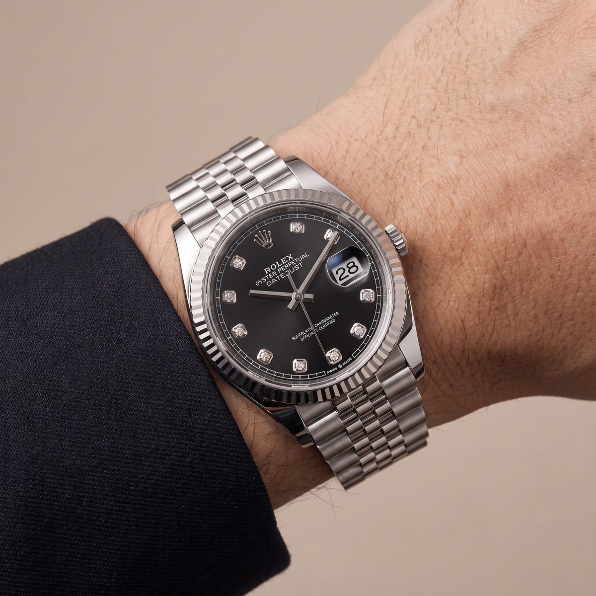 Datejust 126234 Black and Diamond Dial Fluted Bezel Stainless Steel Jubilee Men's Watch