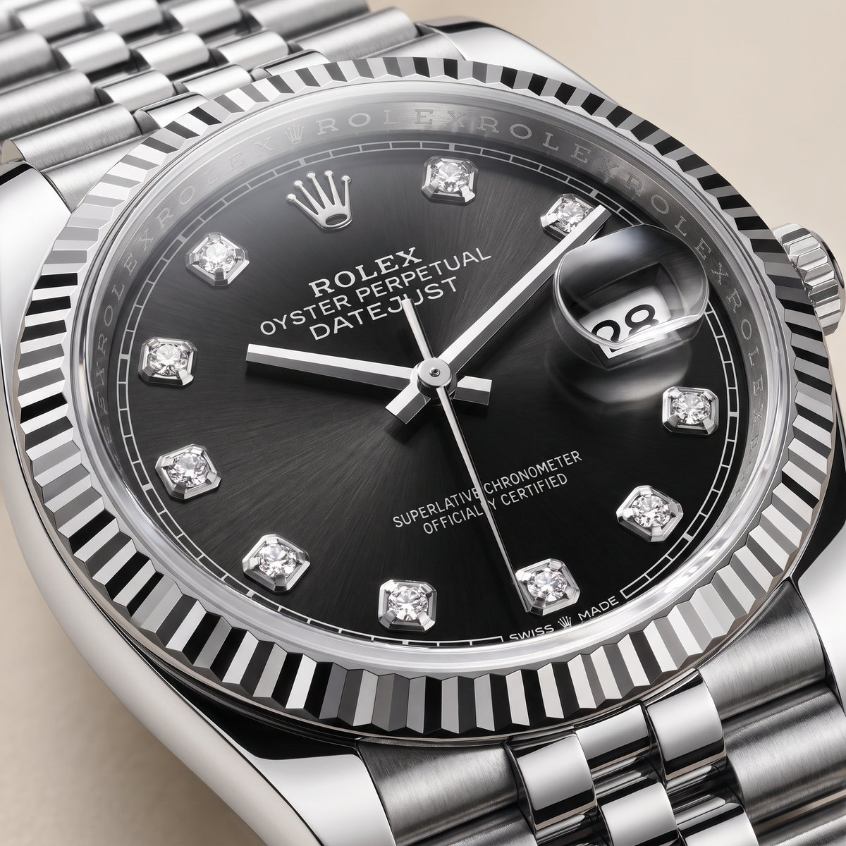 Datejust 126234 Black and Diamond Dial Fluted Bezel Stainless Steel Jubilee Men's Watch