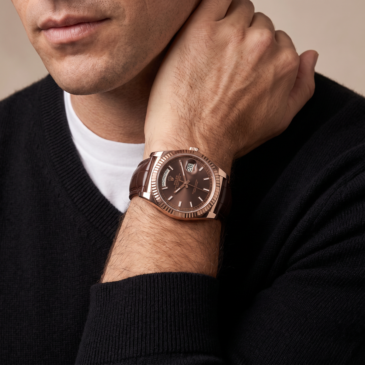 Day-date Everose Gold President Chocolate Dial Leather Strap Men’s Watch
