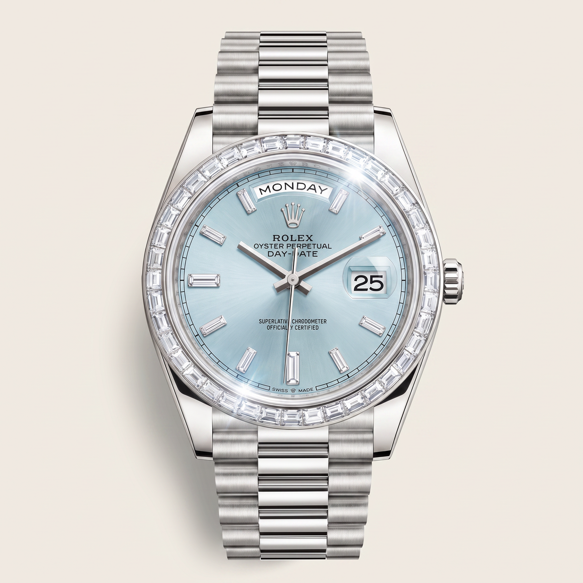 Day-Date Ice Blue Dial Baguette Set Bezel Men's Watch