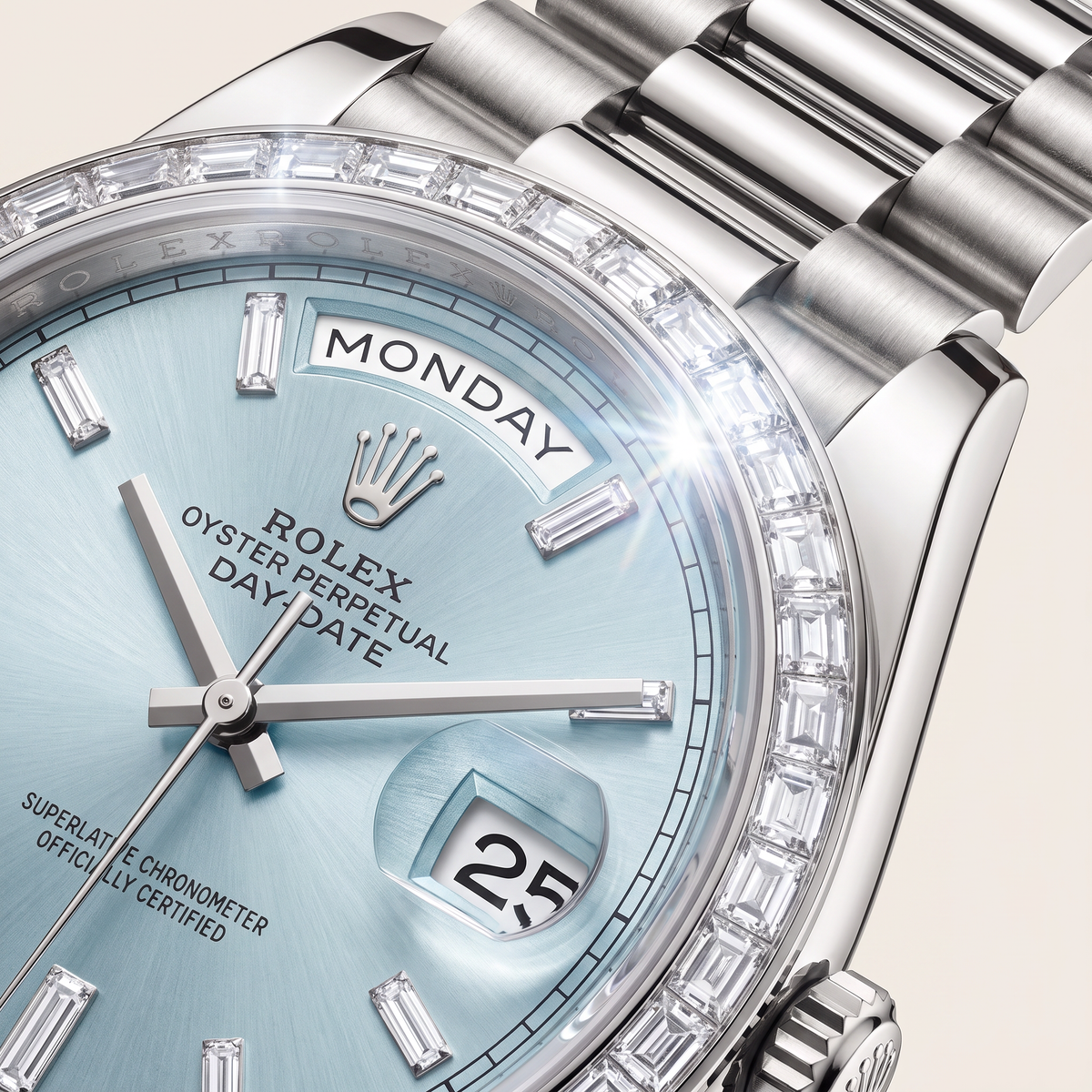 Day-Date Ice Blue Dial Baguette Set Bezel Men's Watch