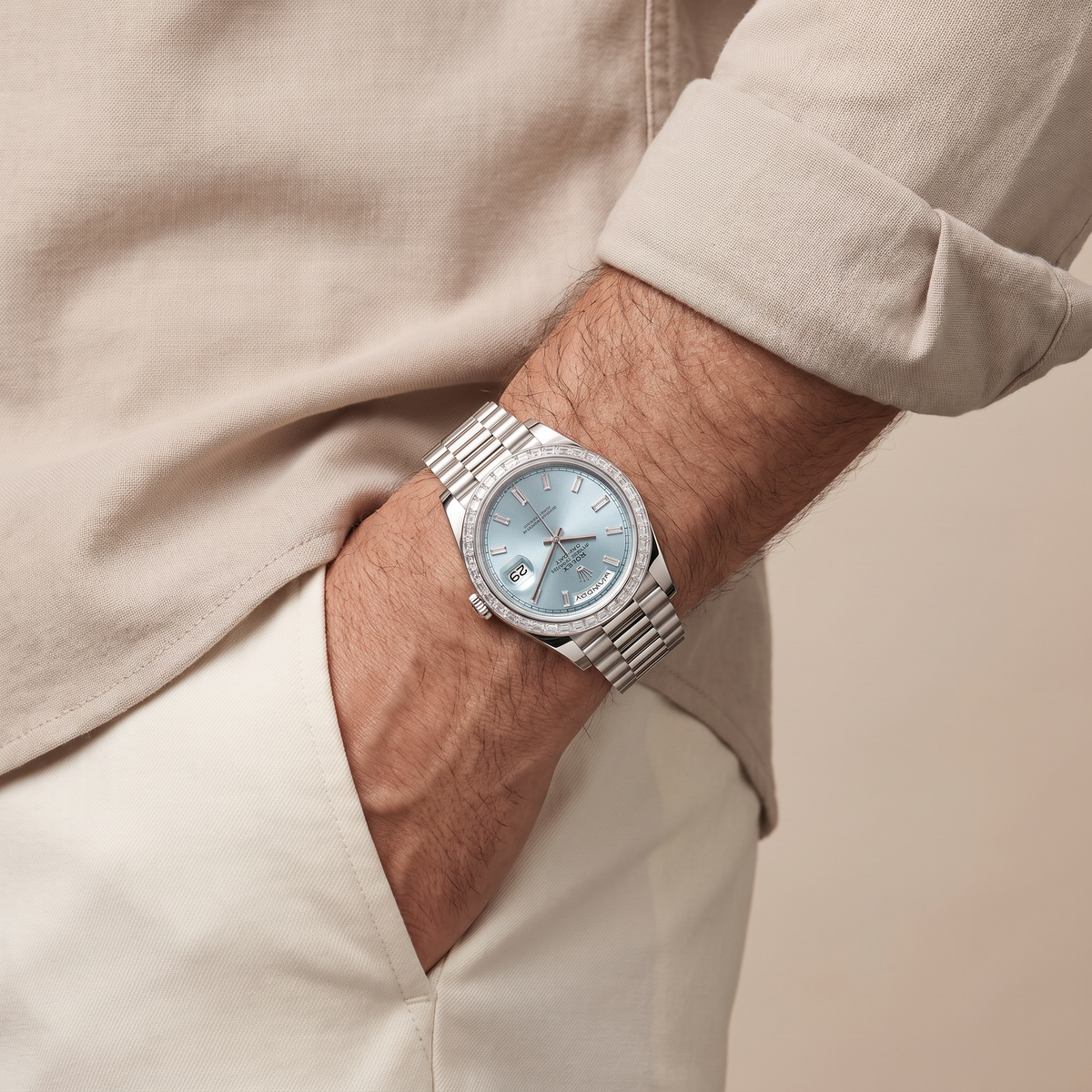 Day-Date Ice Blue Dial Baguette Set Bezel Men's Watch