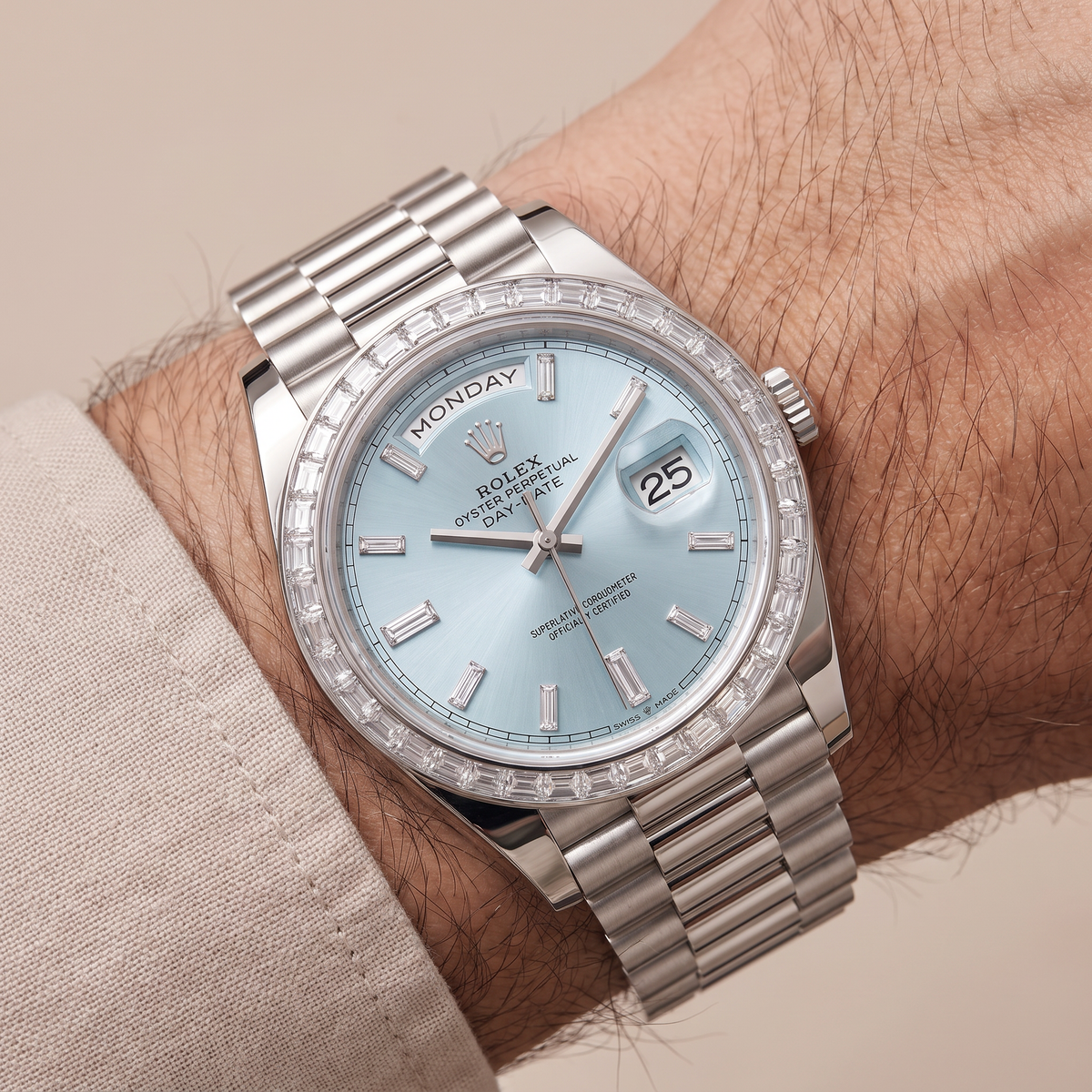 Day-Date Ice Blue Dial Baguette Set Bezel Men's Watch