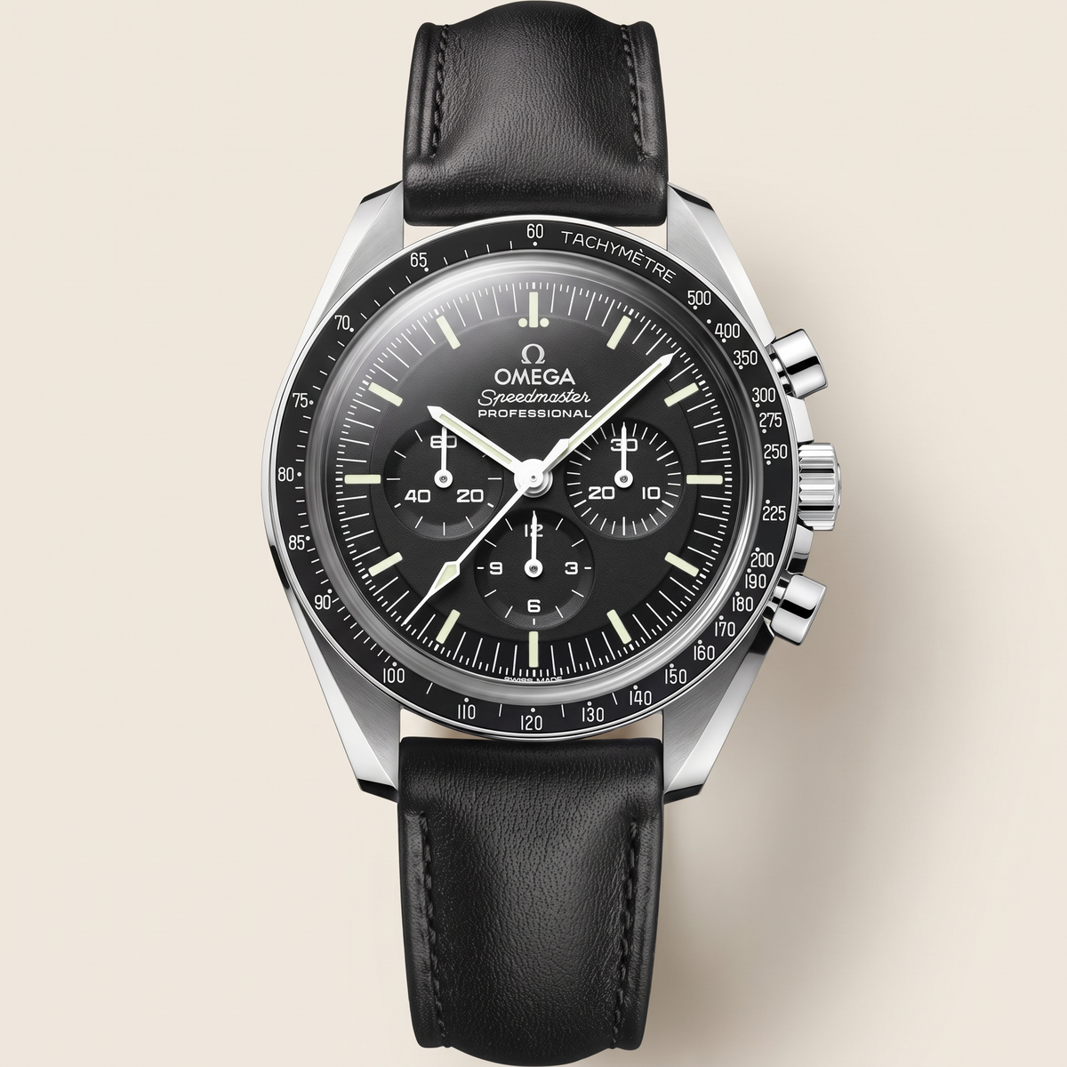 Speedmaster Black Dial Black Leather Strap Automatic Watch