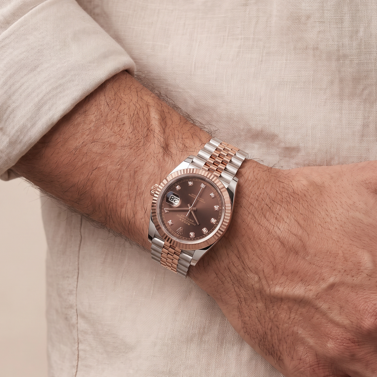 Datejust Chocolate Diamond Dial Fluted Bezel Two Tone Everose Gold Jubilee Bracelet Watch