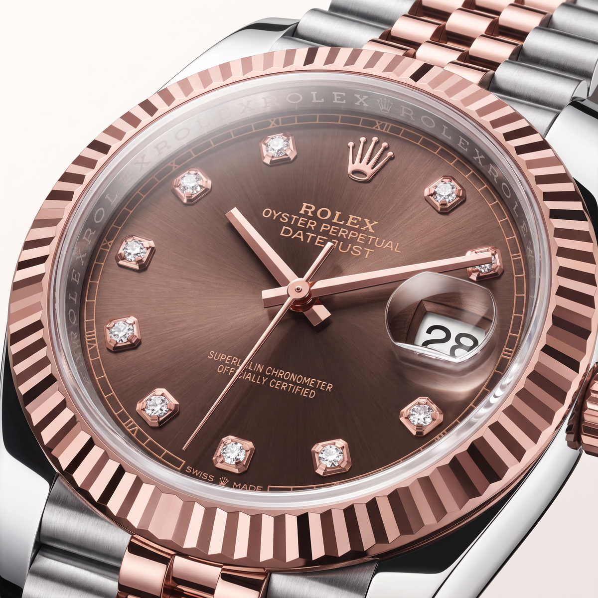 Datejust Chocolate Diamond Dial Fluted Bezel Two Tone Everose Gold Jubilee Bracelet Watch