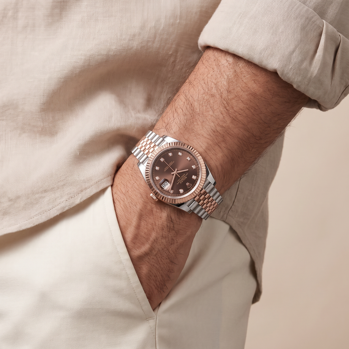 Datejust Chocolate Diamond Dial Fluted Bezel Two Tone Everose Gold Jubilee Bracelet Watch