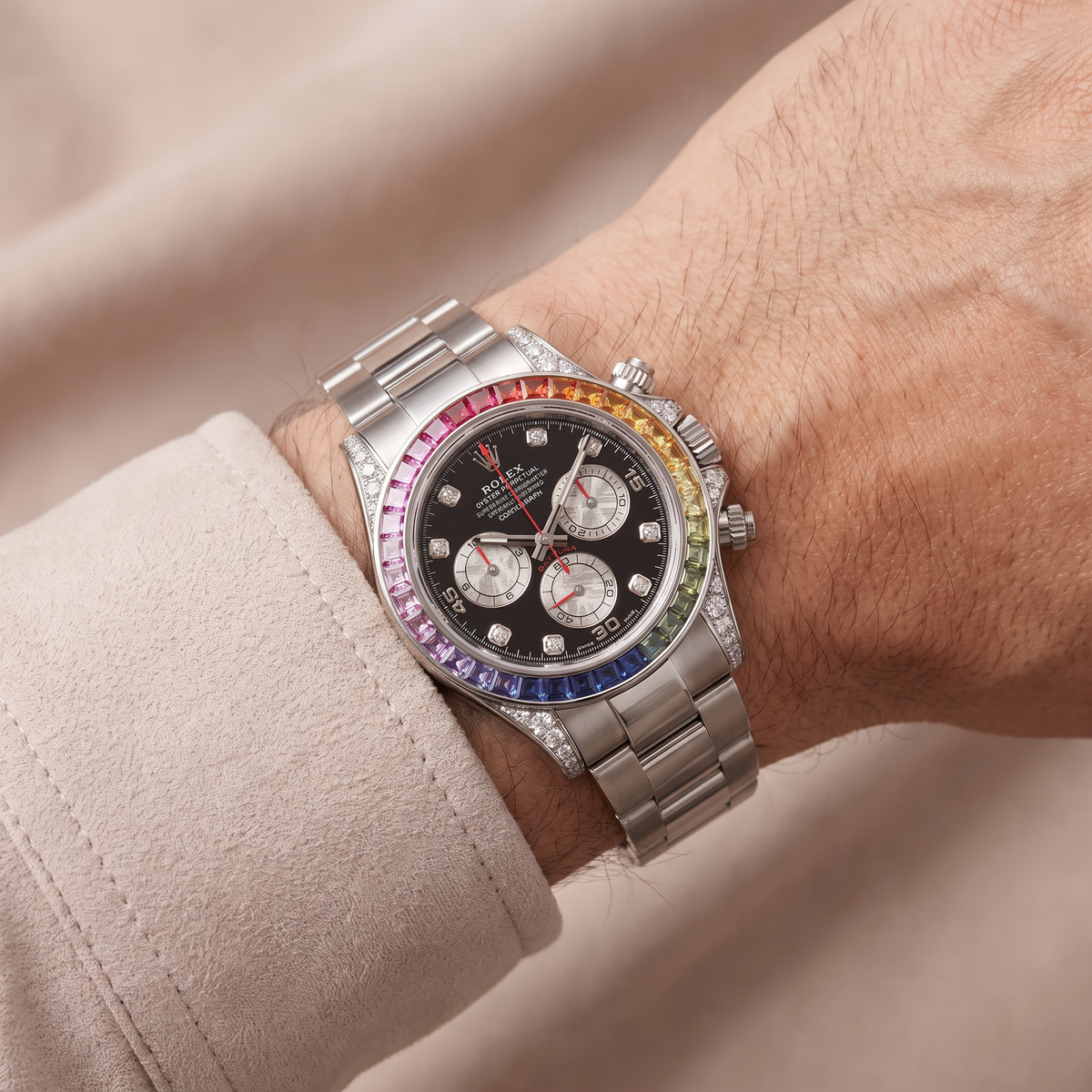 Daytona Rainbow White Gold Black Diamond Dial Sapphire Bezel Men's Watch