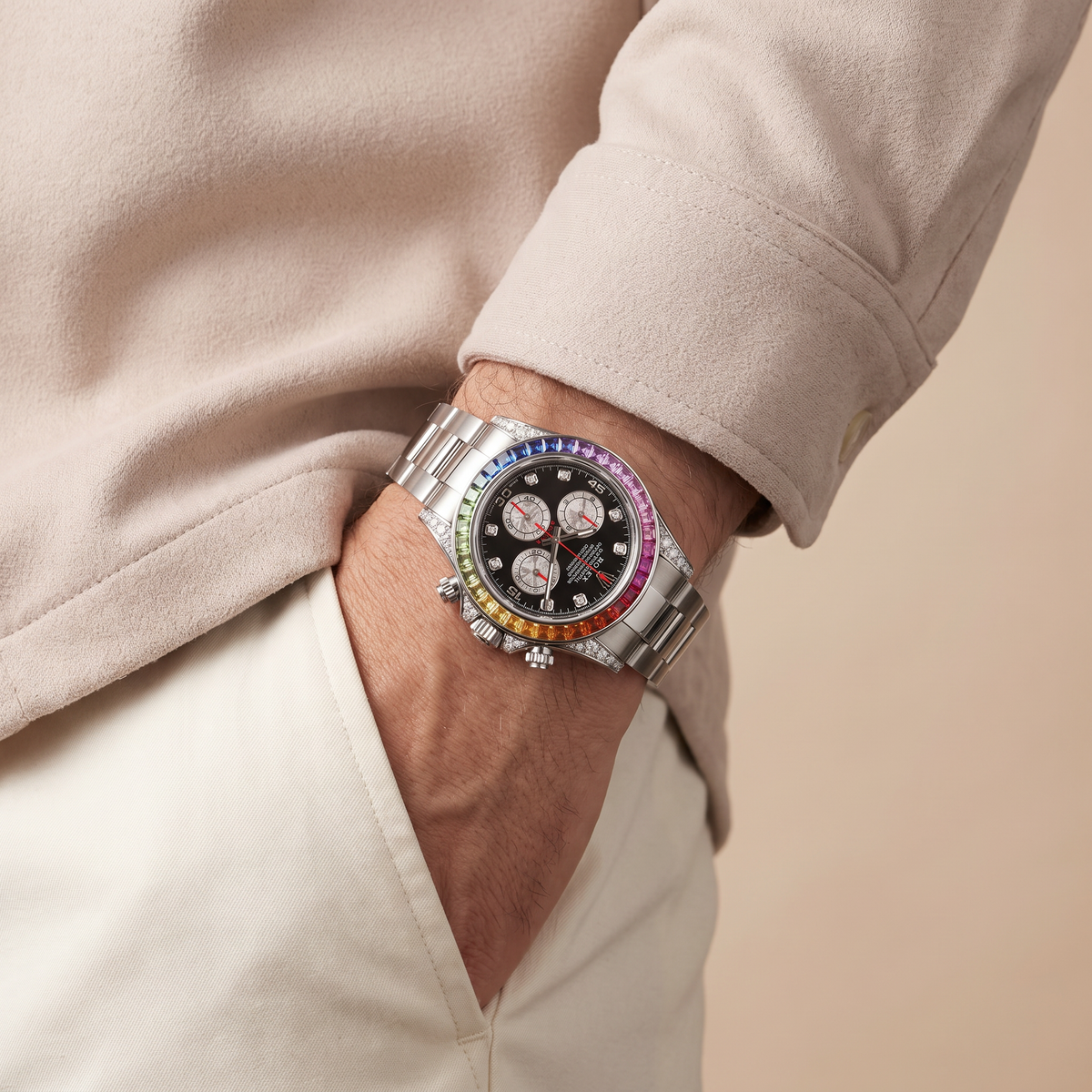 Daytona Rainbow White Gold Black Diamond Dial Sapphire Bezel Men's Watch