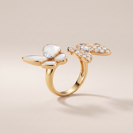 Two Butterfly Between The Finger Pearl Pavé Ring