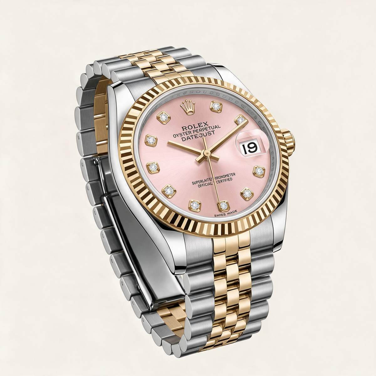 Lady-Datejust Metallic Pink Diamond Dial And Fluted Bezel Two Tone Automatic Watch
