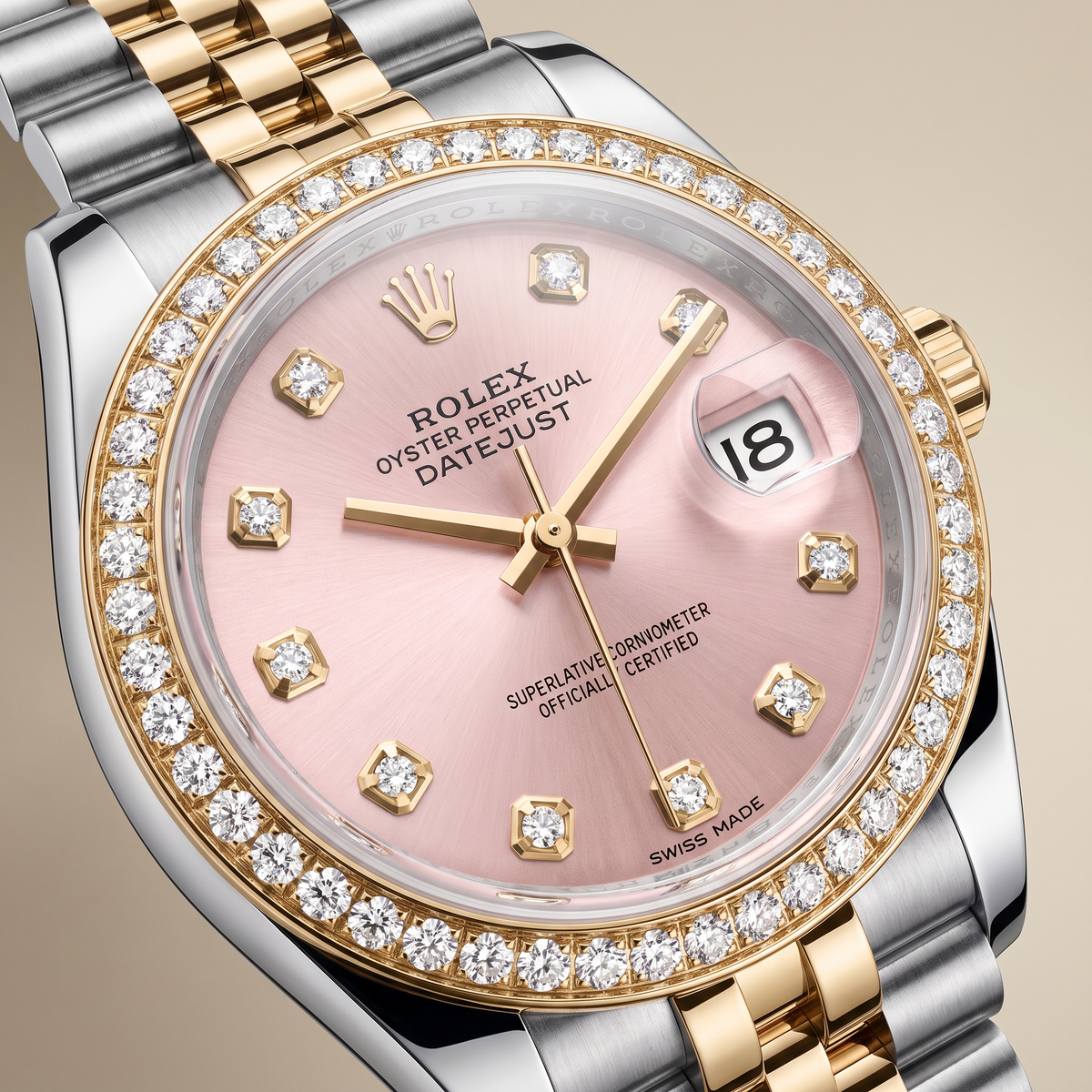Lady-Datejust Metallic Pink Diamond Dial Two Tone Automatic Watch