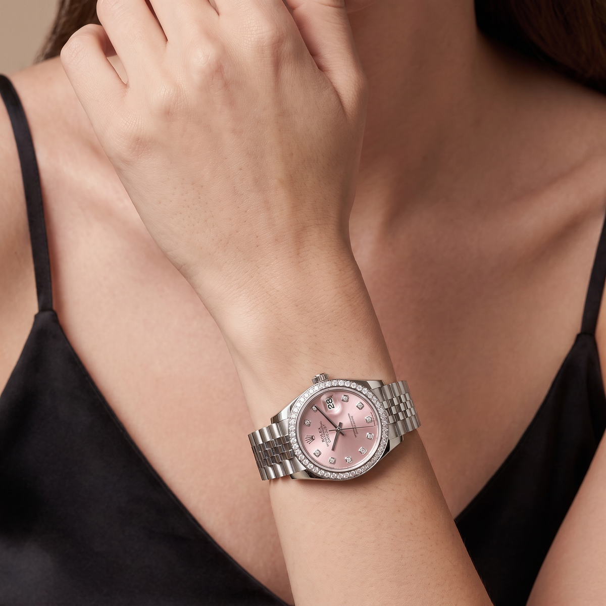 Lady-Datejust Pink Diamond Dial And Bezel Women's Watch