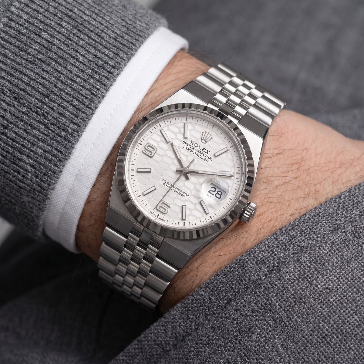 Land-Dweller Oystersteel White Gold Dial Automatic Watch