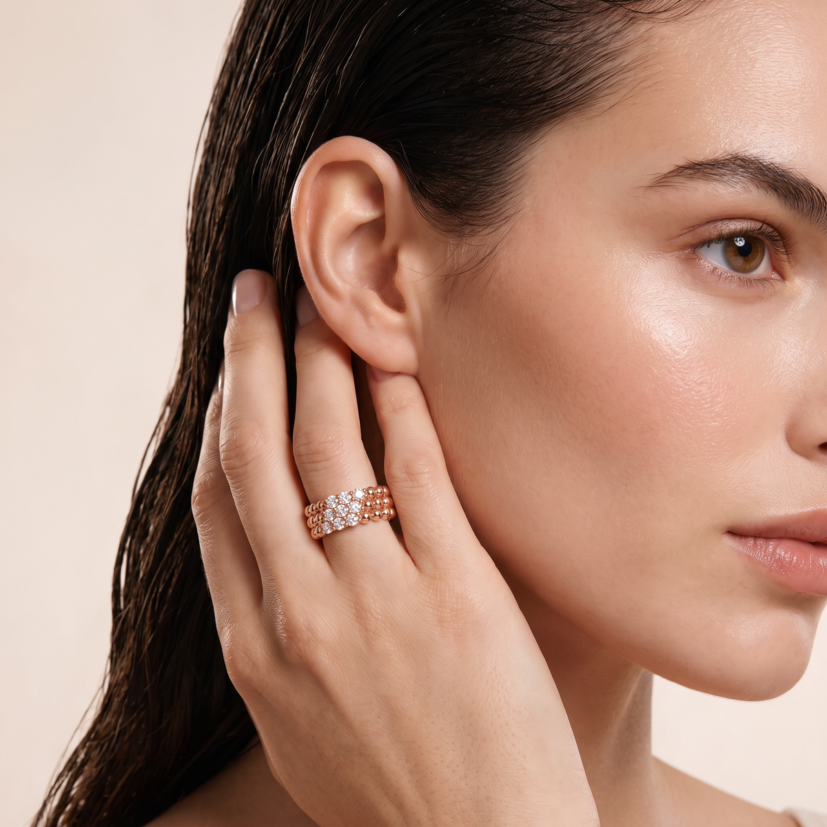 Perlée 3 Row Beaded Mixed Diamond Ring