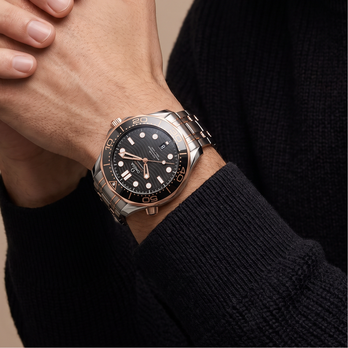 Seamaster Diver 300M Black Dial Rose Tone Bi-Color Stainless Steel Men's Watch
