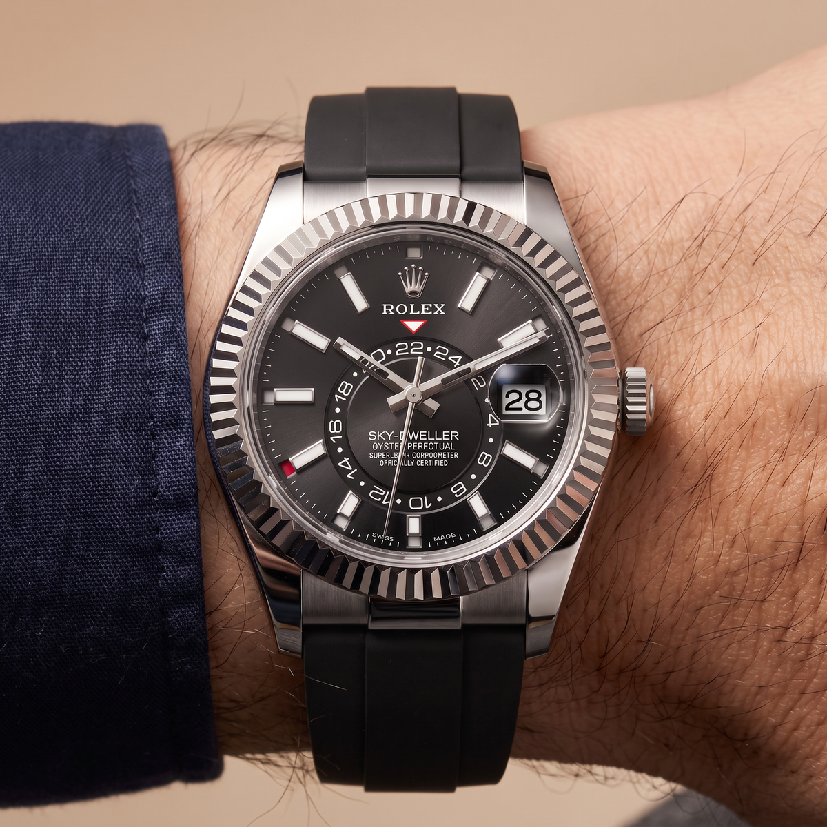 Sky-Dweller White Gold Black Dial Time And Ring-Command Control Men's Watch