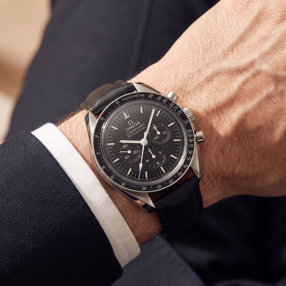 Speedmaster Black Dial Black Leather Strap Automatic Watch