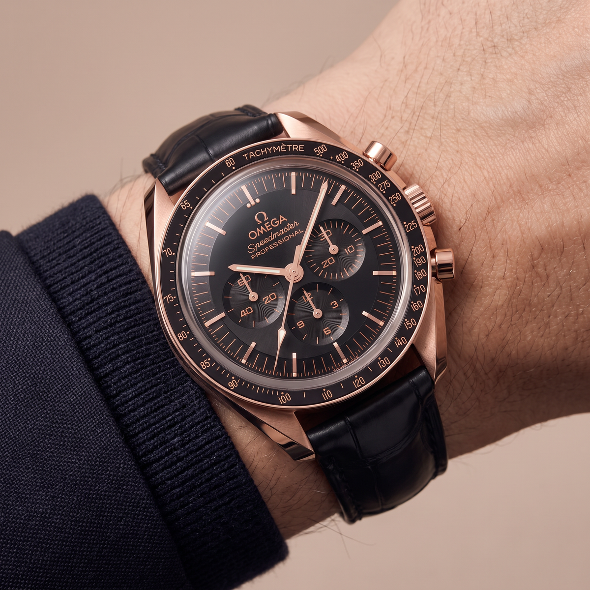 Speedmaster Full Black Dial Rose on Leather Strap Automatic Watch