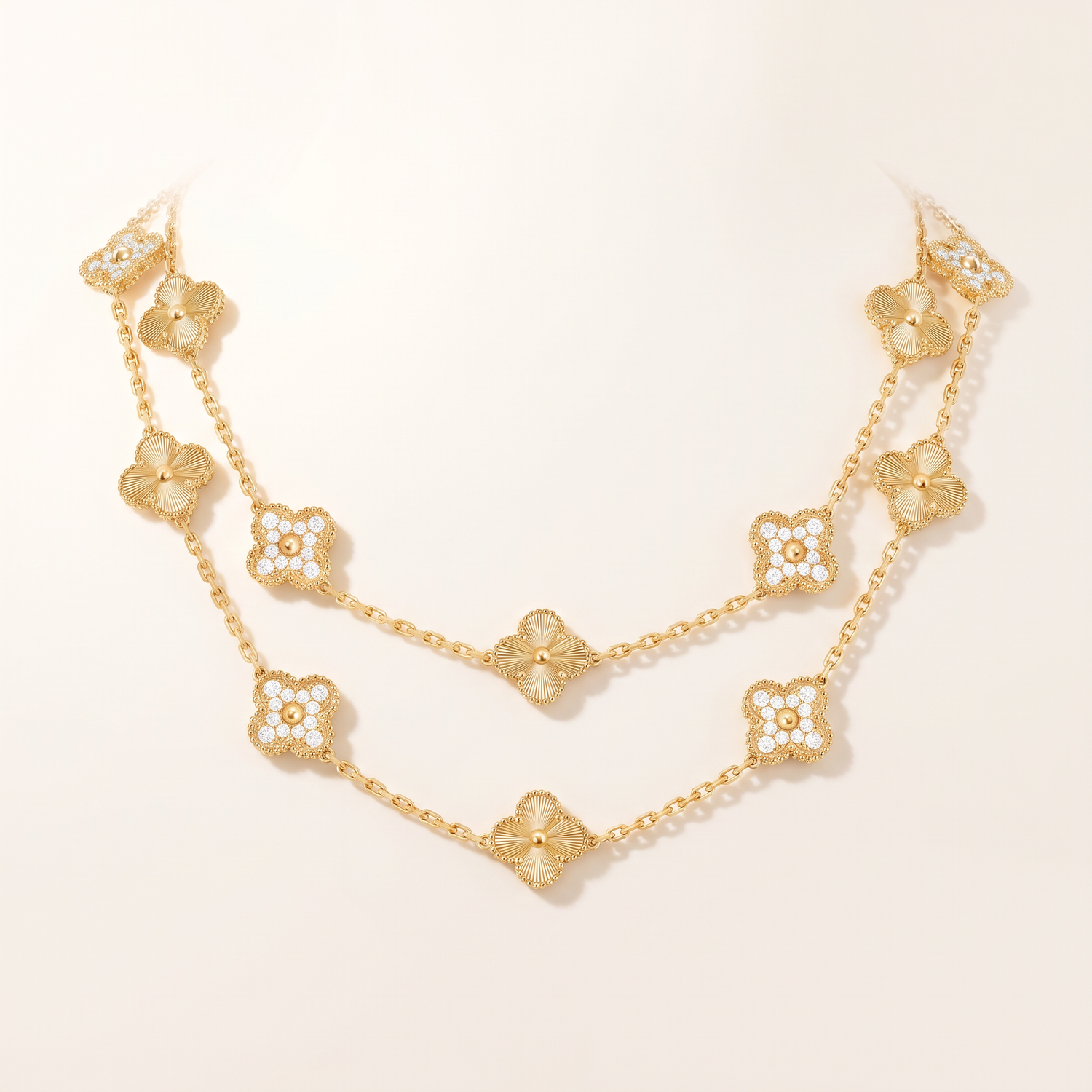 Vintage Alhambra Fluted And Diamond Clover 20 Motifs Necklace