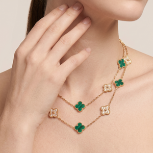 Vintage Alhambra Malachite 20 Motifs Long Clover Necklace