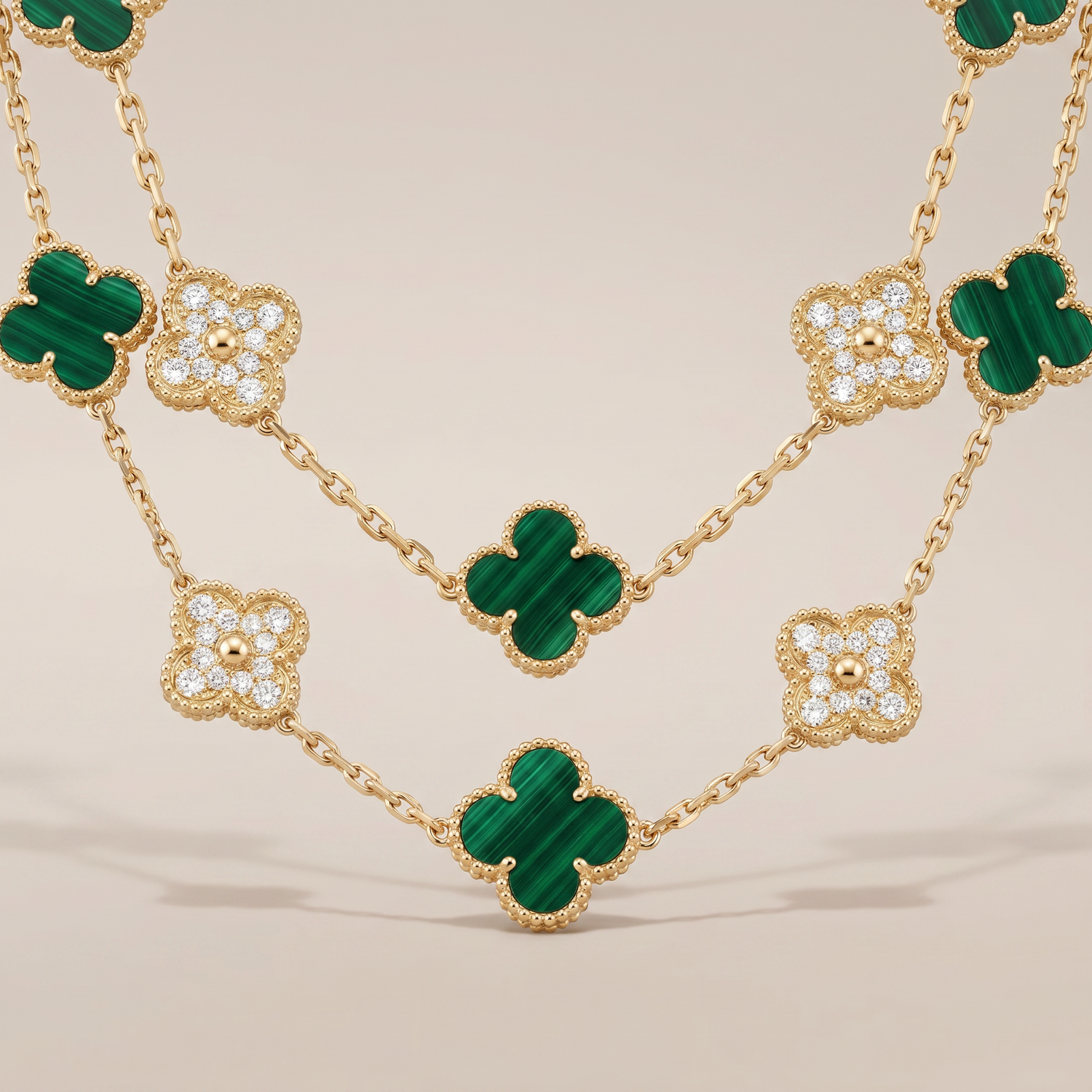 Vintage Alhambra Malachite 20 Motifs Long Clover Necklace