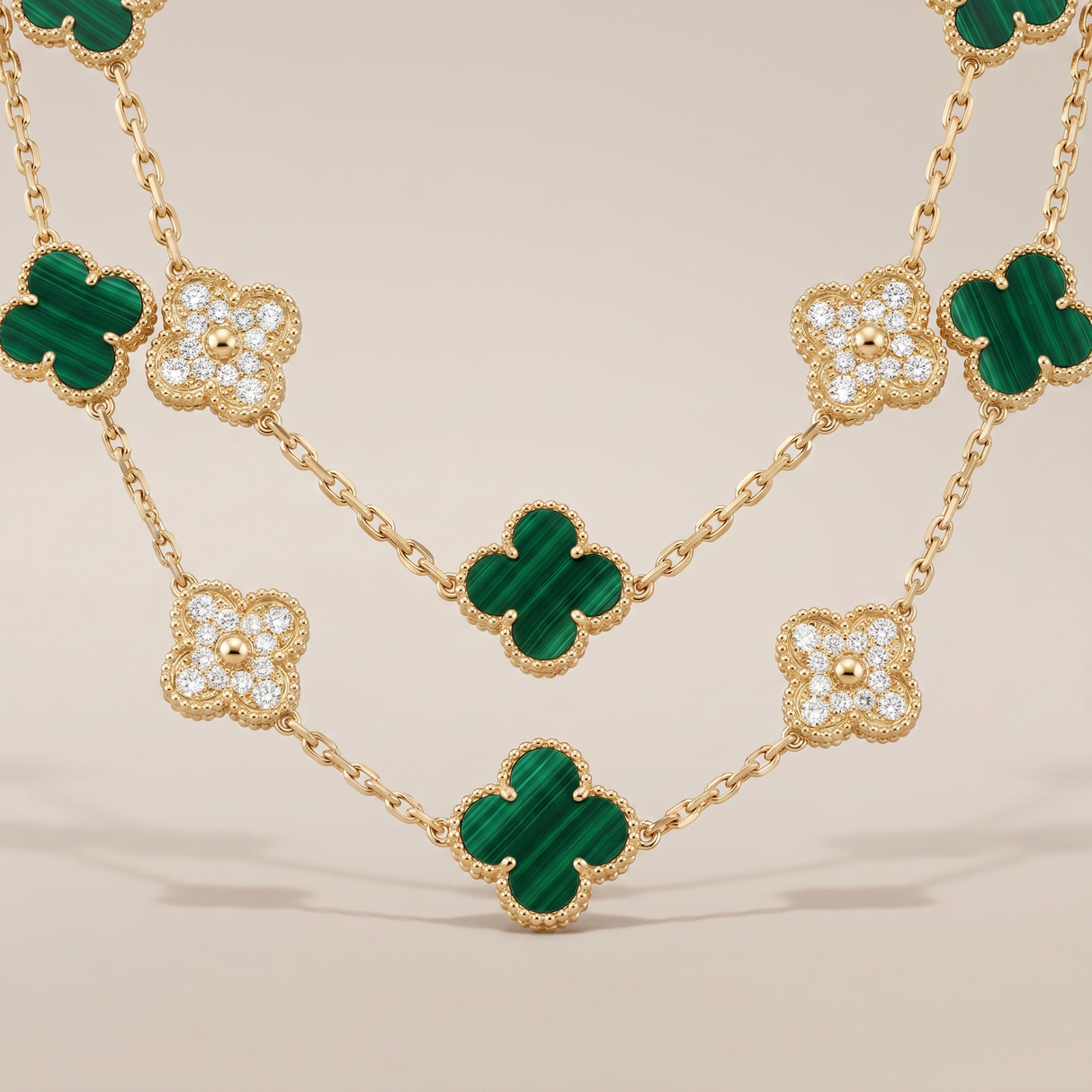 Vintage Alhambra Malachite 20 Motifs Long Clover Necklace