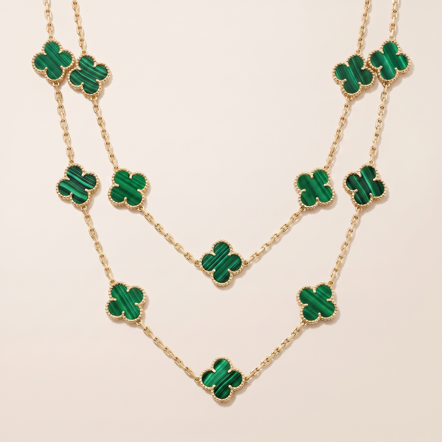 Vintage Alhambra Malachite 20 Motifs Long Necklace