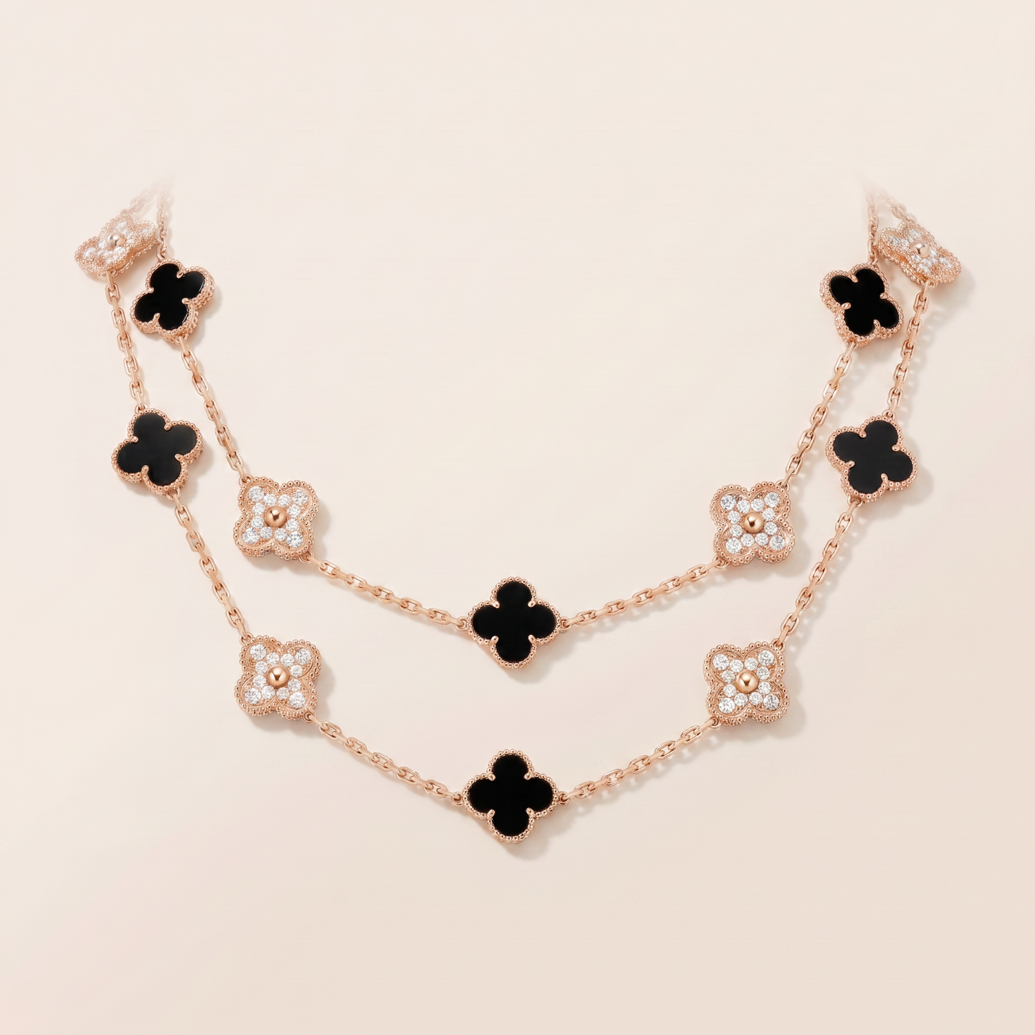 Vintage Alhambra Onyx 20 Motifs Long Necklace