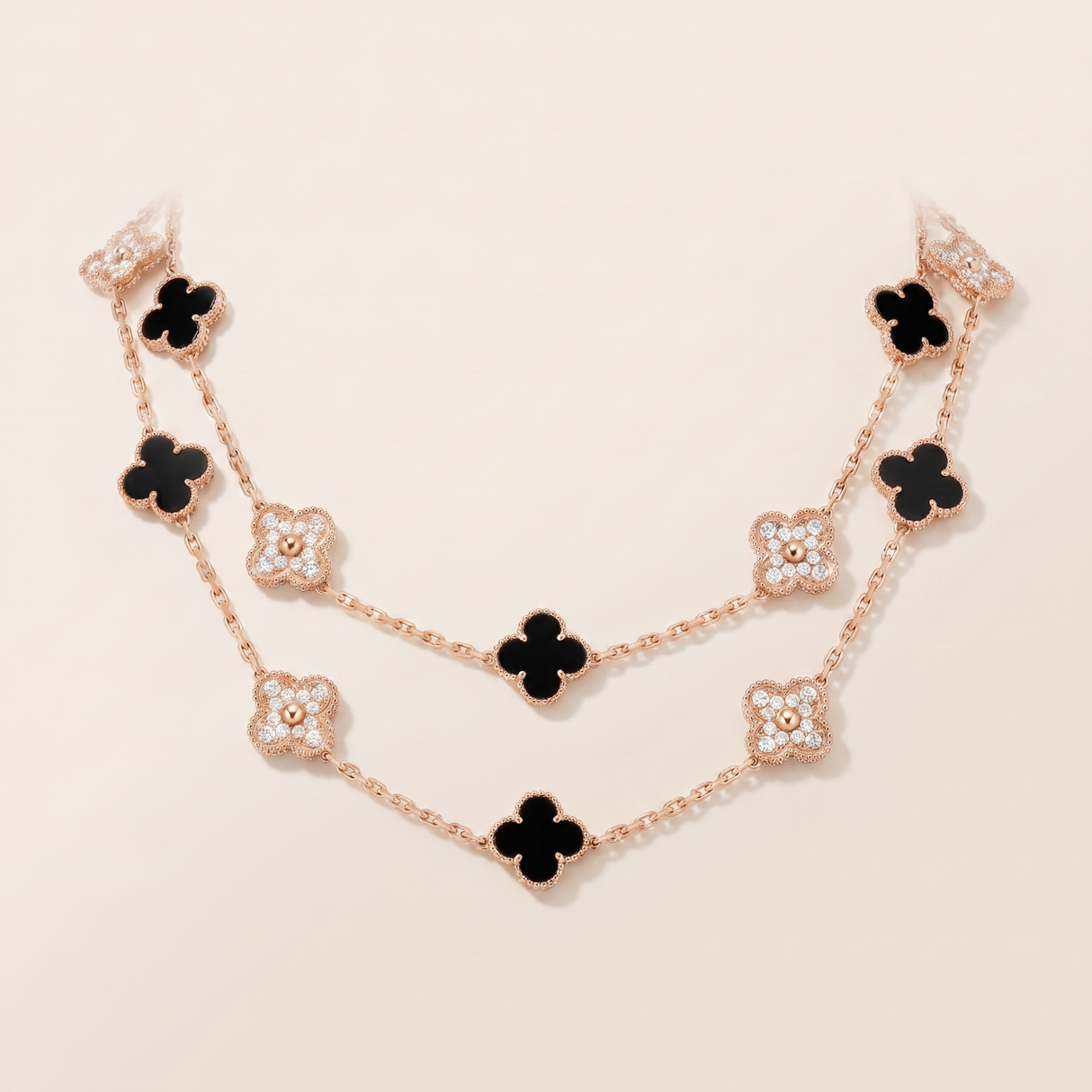 Vintage Alhambra Onyx 20 Motifs Long Necklace