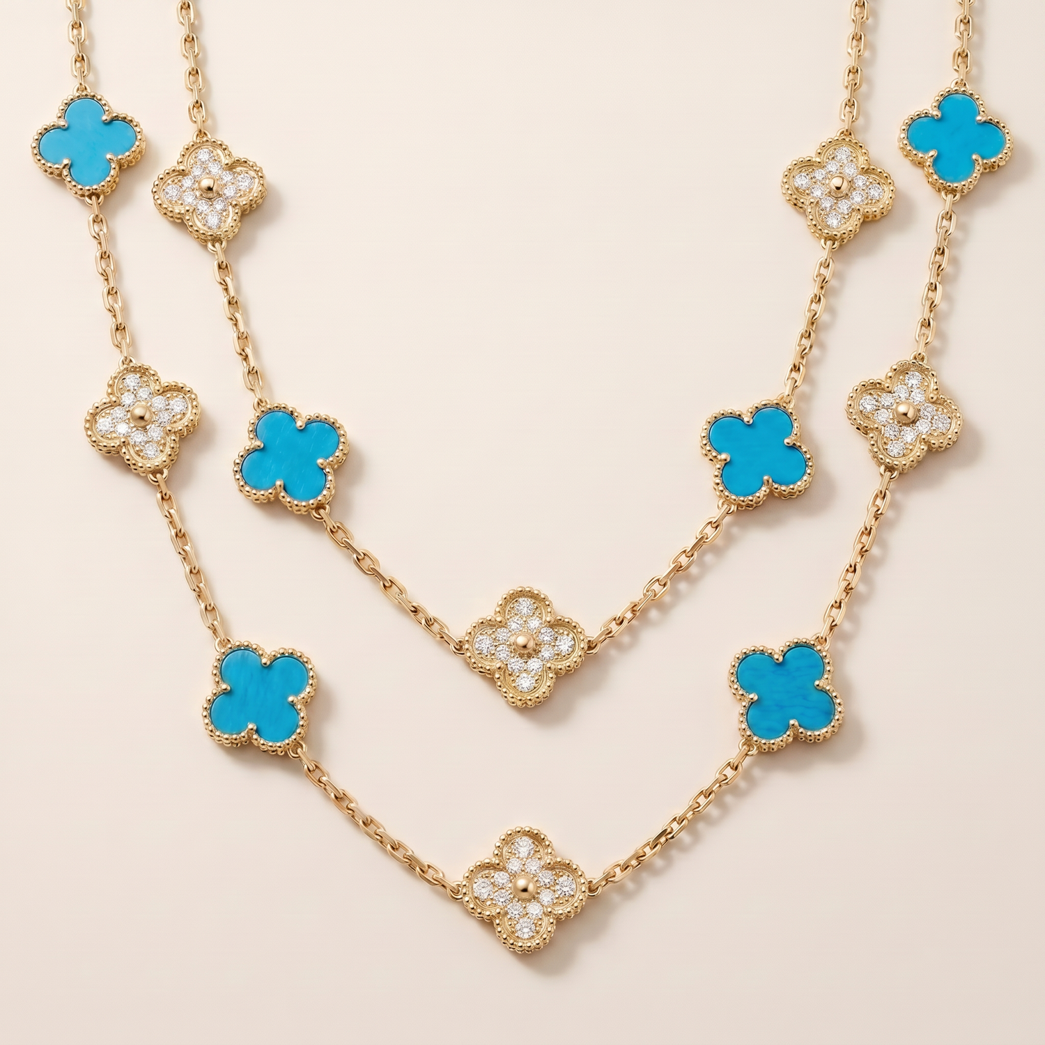 Vintage Alhambra Turquoise 20 Motifs Long Necklace